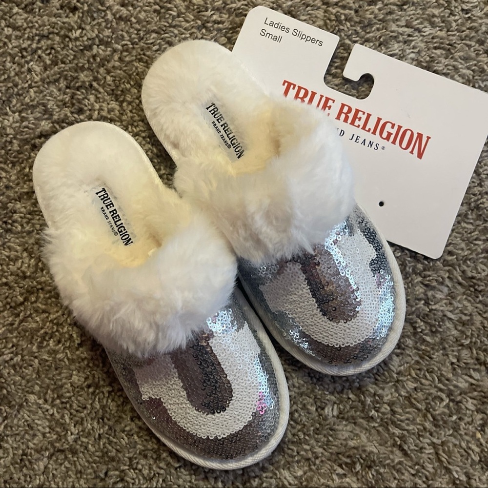 True Religion Silver and White Slippers with Plush Trim